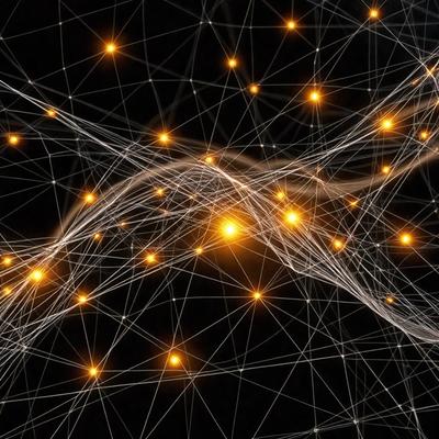 The primary subject of the image is a complex network of interconnected lines and dots, which create a visually striking and intricate pattern. The setting is a black background, which contrasts with the bright and vibrant colors of the pattern. The visual style is a combination of digital art and illustration, with the lines and dots appearing to be both hand-drawn and computer-generated. The colors and mood of the image are predominantly yellow and orange, giving it a warm and inviting atmosphere.